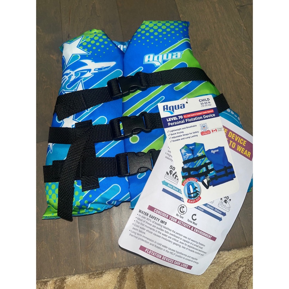 Aqua Child Life Jacket PFD Level 70 USCG Approved 33-55 lbs Blue Shark Star NWT